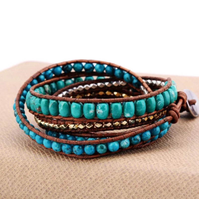 Bohemian Style Cut Angle Turquoise Bracelet Ornament Three-layer Winding Handmade Woven Leather String Bracelet