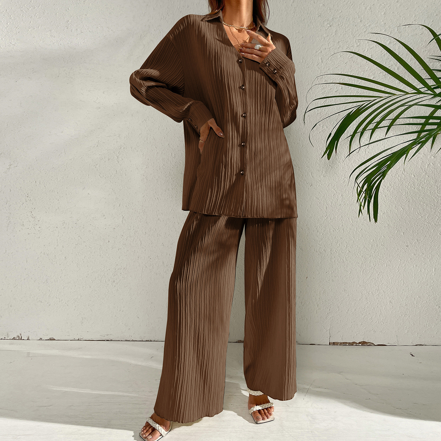 European And American Lapel Loose Cardigan Casual Long Sleeve Fashion Suit Brown - Shop at LoveMi