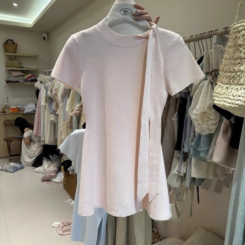 Bow-tie Lace-up Round-neck Short-sleeve Lightweight Dress