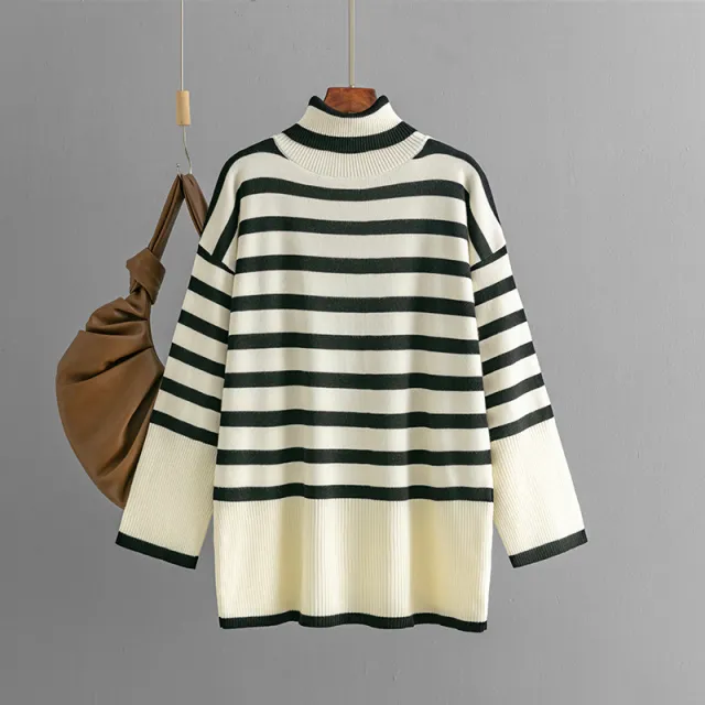 Striped Turtleneck Sweater Women's Loose Design Apricot - Shop at LoveMi