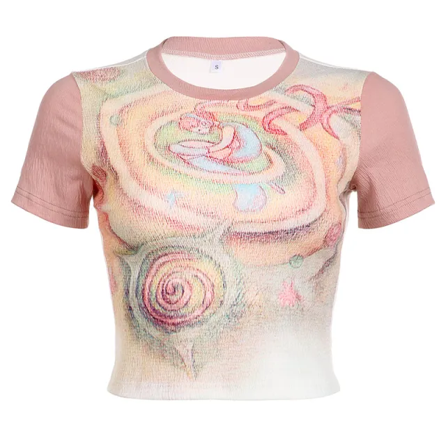 Girl Print Crew Neck Short T shirt Top Pink - Shop at LoveMi