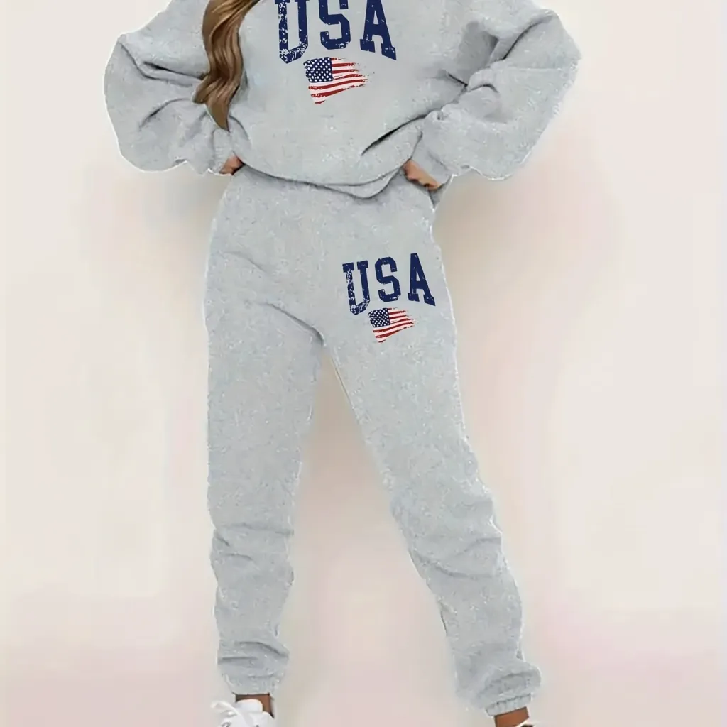 Women's Hooded Printed Sweater Suit - Gray