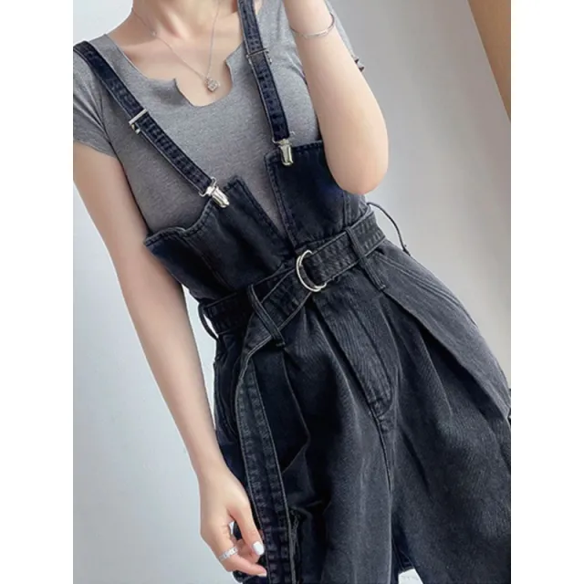 Loose Wide Leg Denim Suspender Pants Women's Autumn Fashion Black And Gray - Shop at LoveMi