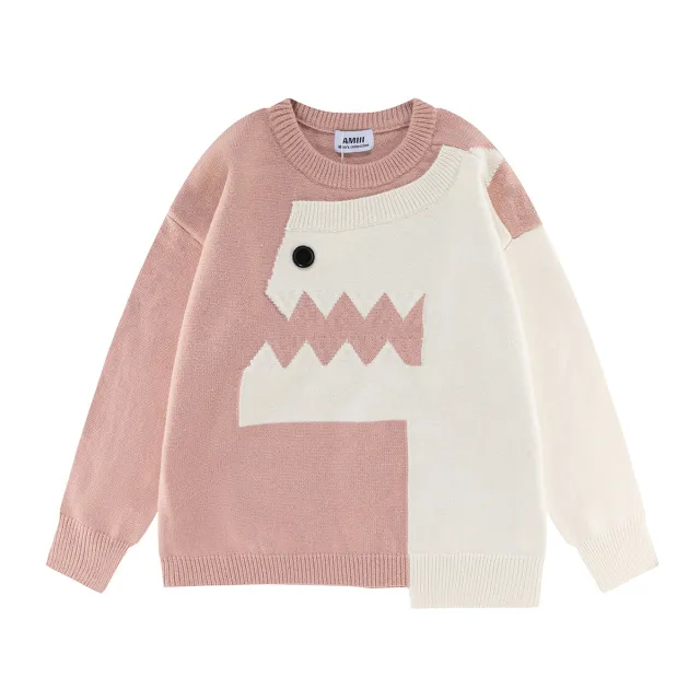 Retro Cartoon Dinosaur Color Matching Sweater Pink - Shop at LoveMi
