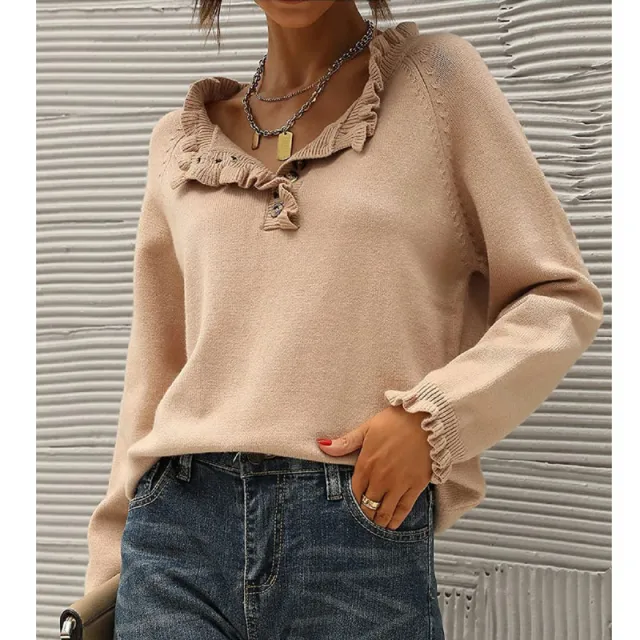 Women's Knitted New Casual Long sleeved Button Ruffled Pullover Sweater Khaki - Shop at LoveMi