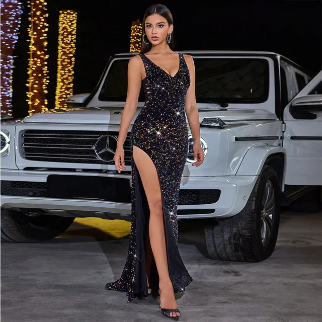 High Slit Sequined Evening Dress Without Back Multicolor - Shop at LoveMi