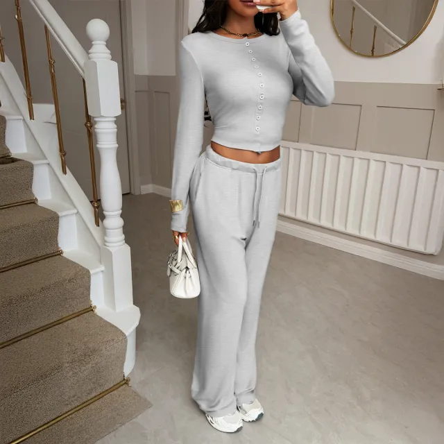 Resort style Sweater Shirt And Long Pants Set Gray - Shop at LoveMi