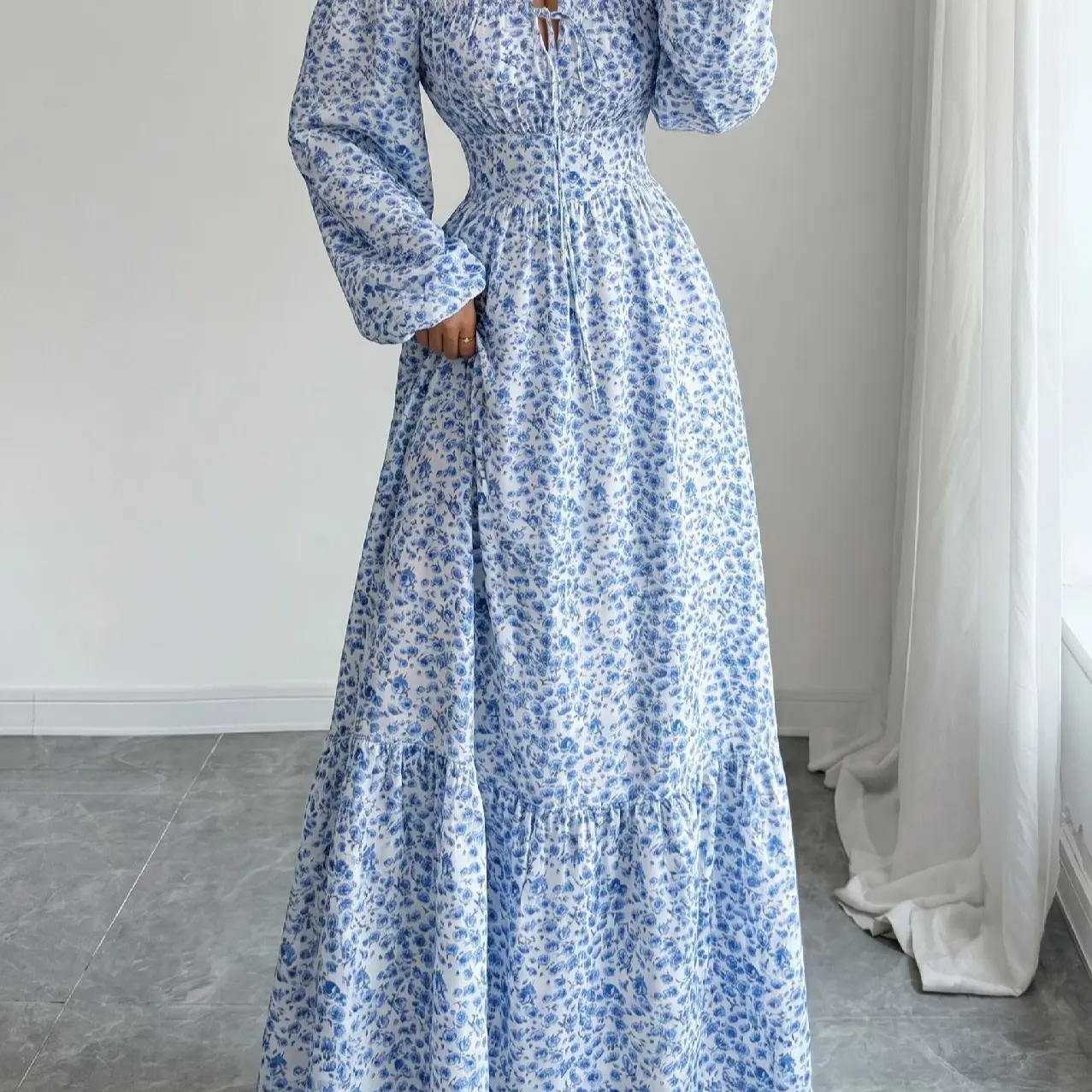 Drawstring Square-neck Printed Loose-fitting Maxi Dress