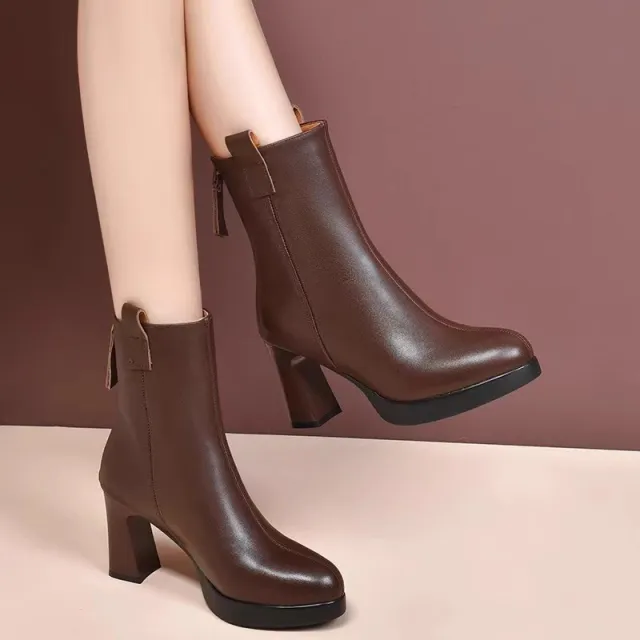 Soft Leather High Heel Boots Female Plus Velvet Genuine Leather Brown - Shop at LoveMi