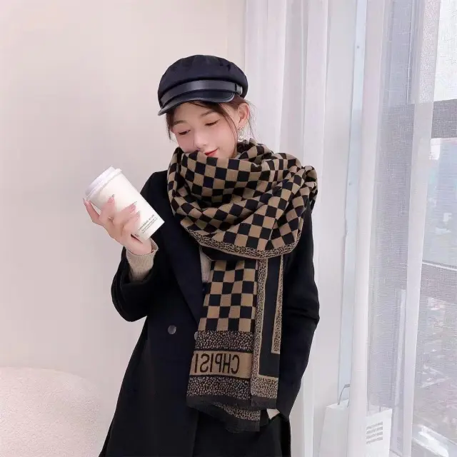Cashmere like All match Shawl Thickened Warm Scarf Black Coffee Checkerboard - Shop at LoveMi