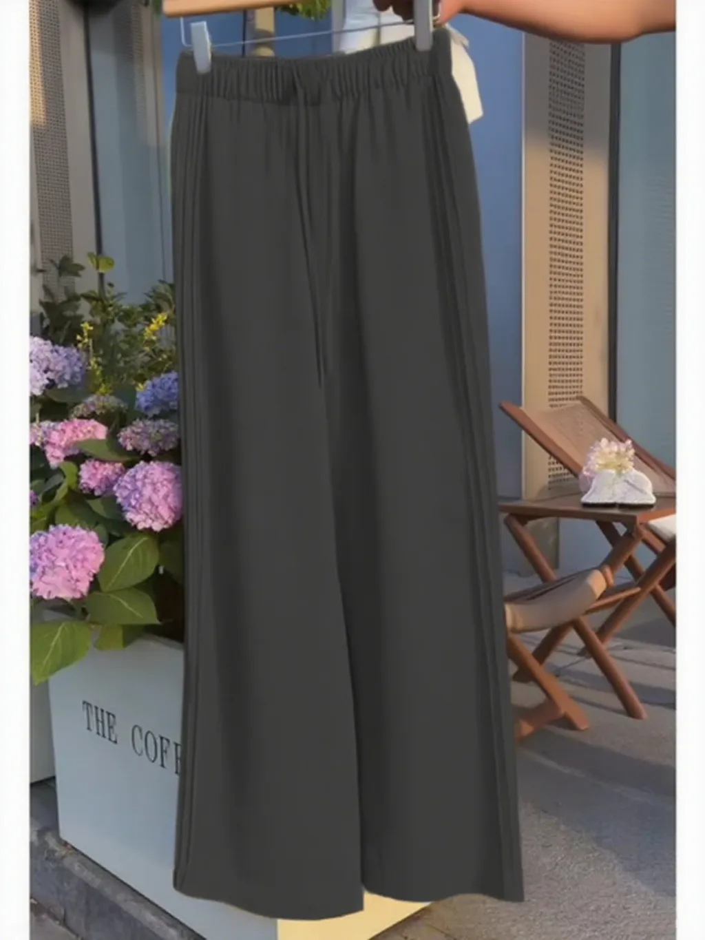Ladies New Holiday Leisure Pure Color All-matching Drawstring Button Straight-leg Wide-leg Pants - Fy174 Black
