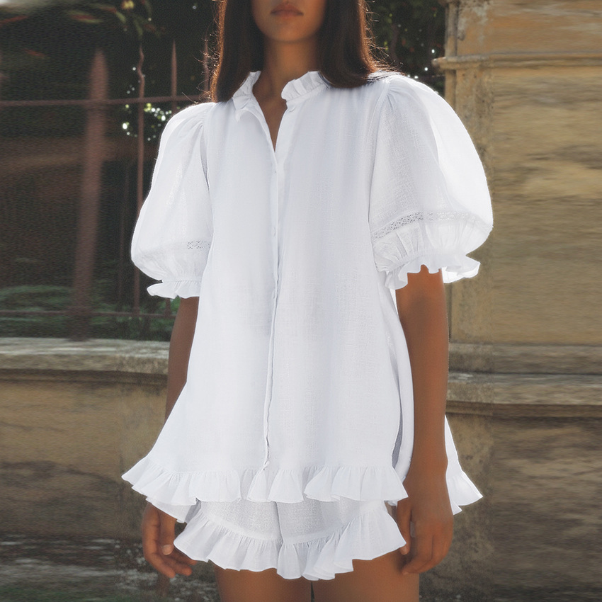 Womens Cardigan Top With Ruffled Hem And Shorts Set