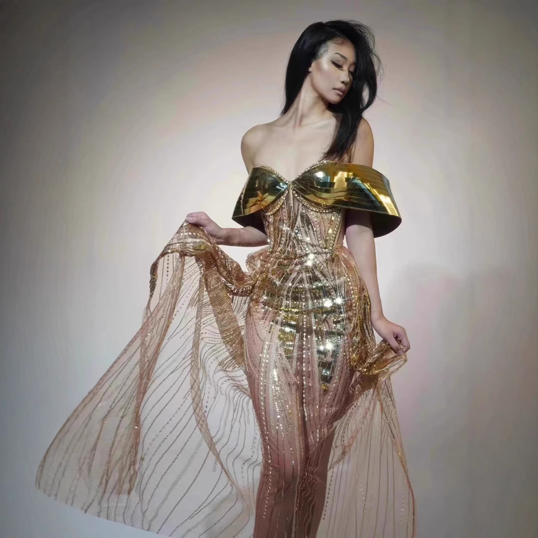 Gold Strapless Sequined Split Dress Women Tube Top Tulle