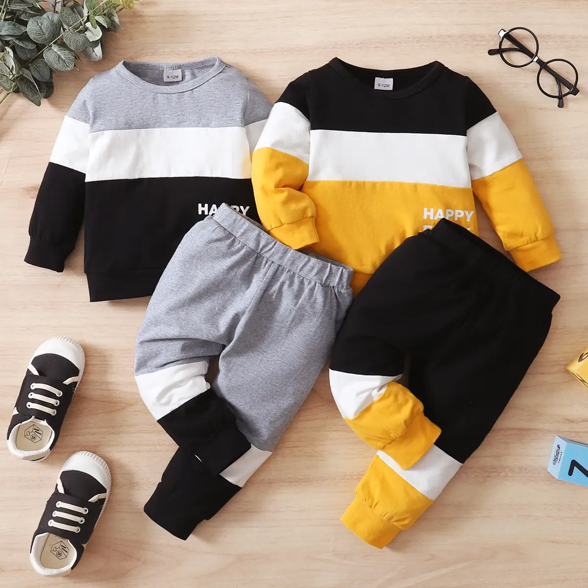 Letter Color Matching Patchwork Round Neck Long Sleeve Two-piece Men's Clothing