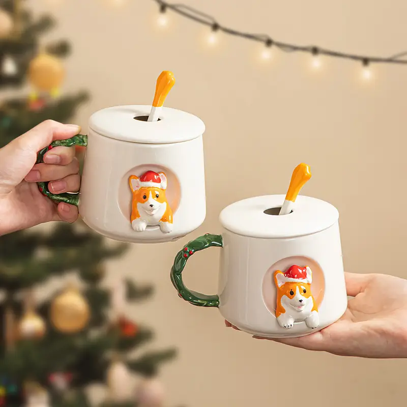 Ceramic Creative Cute Christmas Style Corgi Mug With Cover Spoon