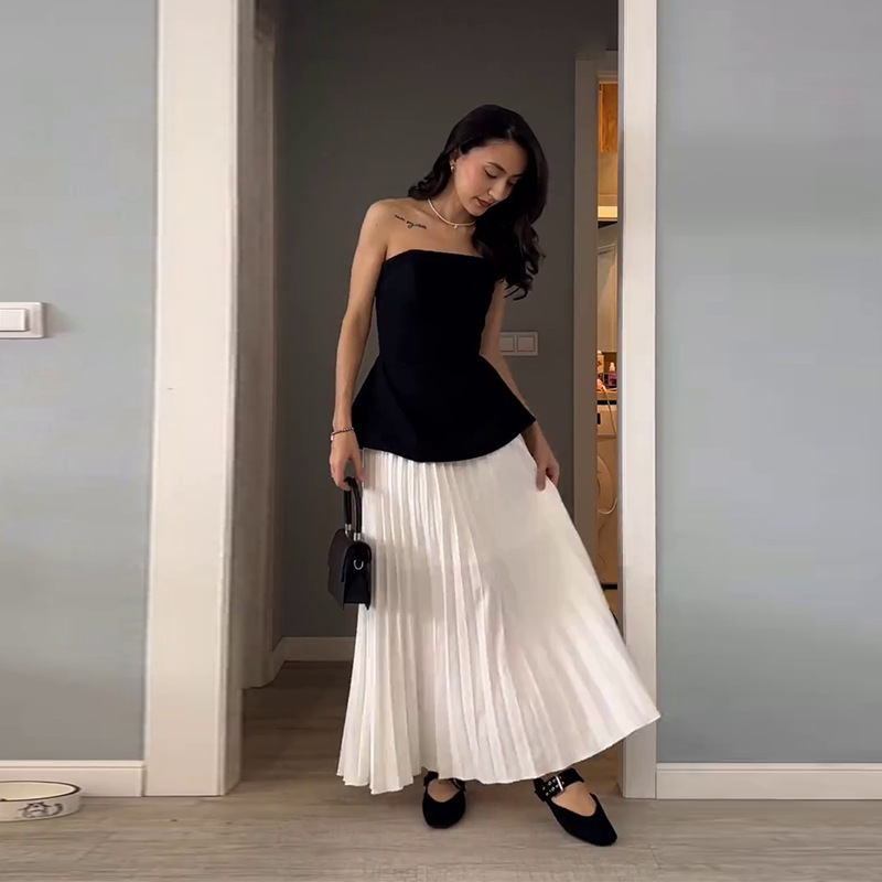 Women's Tube Top Slimming Top Fashion Pleated A- Line Skirt