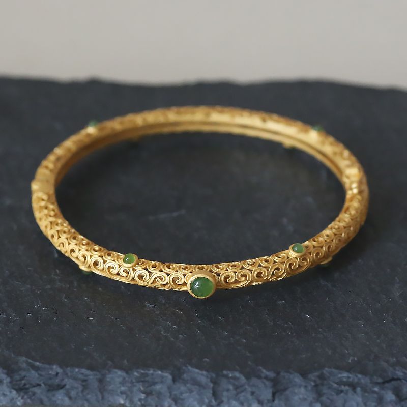 Carved Hollow Cloud Jasper Inlaid Gold-plated Snap Bracelet