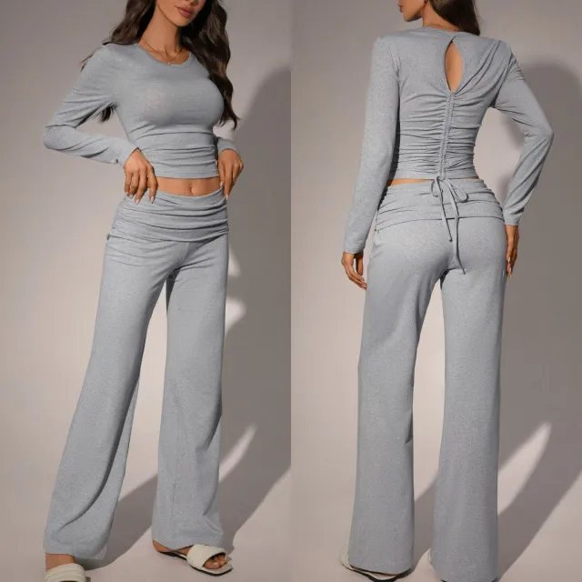 Womens Solid Color Casual Fashion Top And Pants Set Gray - Shop at LoveMi