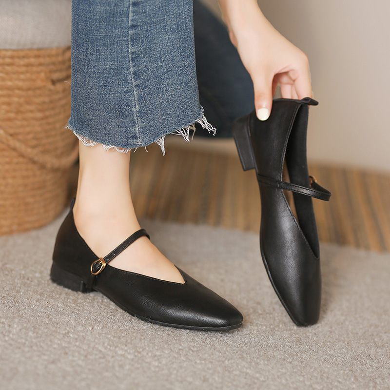 Retro Buckle Low-Heel Shoes Artistic Square-Toe Soft Leather Mary Jane Shoes