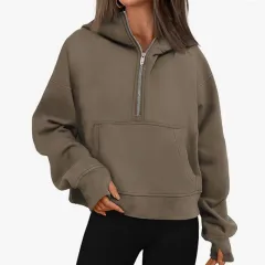 Autumn And Winter Zipper Long Sleeve Loose Hooded Sweater - Brown - View 1