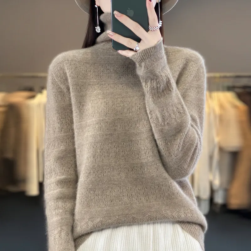 Pile Collar Front Line Ready-made Garments 100 Woolen Sweater For Women - Camel