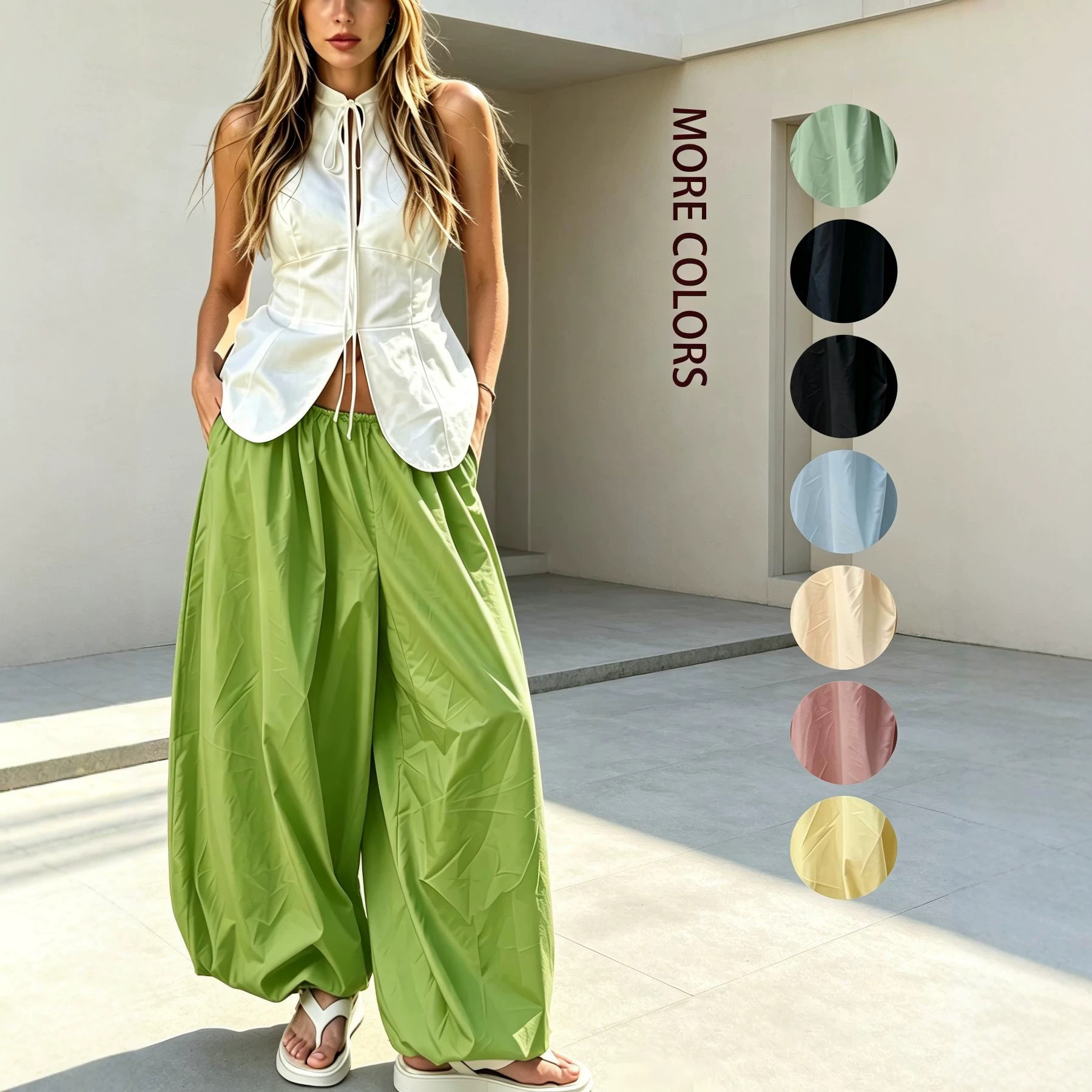Elastic-waist Figure-flattering Balloon Wide-leg Pants