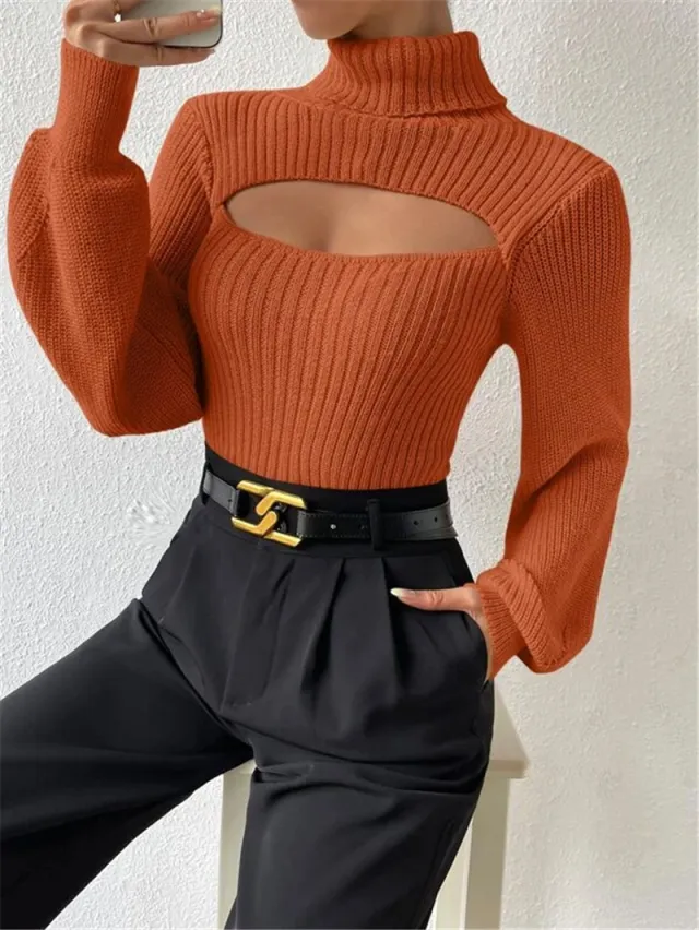 Sexy Loose High Collar Hollow All match Sweater Orange - Shop at LoveMi