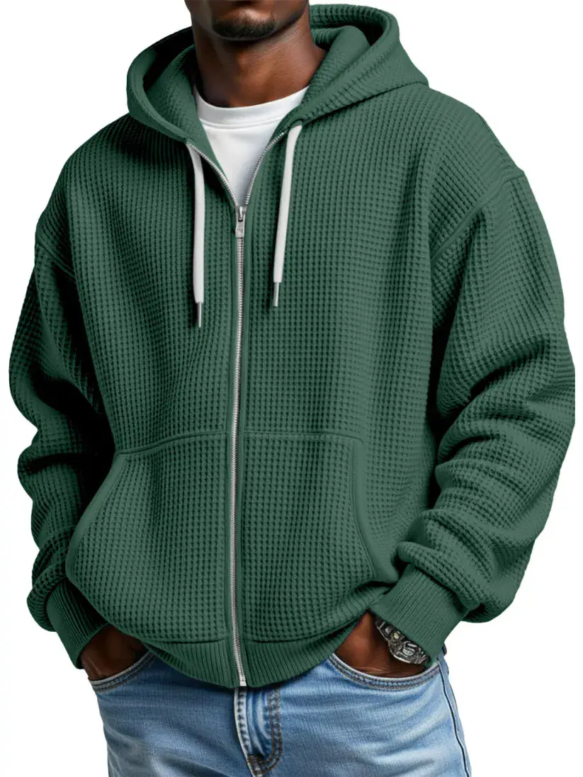Mens Solid Color Loose-Fit Hooded Zip Up Waffle Weave Drop Shoulder Sweatshirt