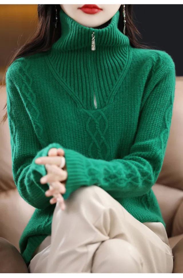 Autumn And Winter Heavy Thickening High Collar Woolen Sweater Women Green - Shop at LoveMi