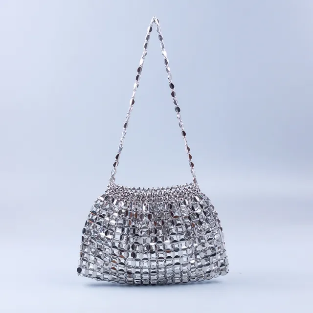 Handmade Flat Beads Woven Large Dumpling Fashion Trendy One shoulder Handbag Silver - Shop at LoveMi