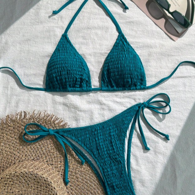 Neck-strap Bikini Solid-color Two-piece Womens Swimsuit