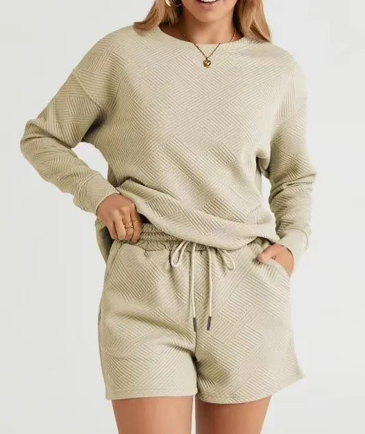 Solid Color Texture Casual Suit Women's Shorts Top Beige - Shop at LoveMi