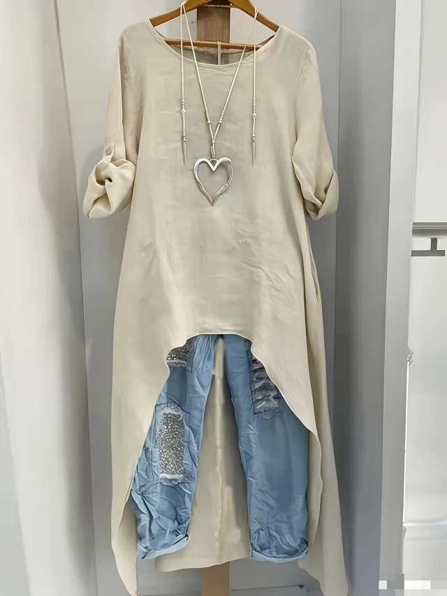Womens Irregular Long Linen Top With A Crew Neck Apricot - Shop at LoveMi
