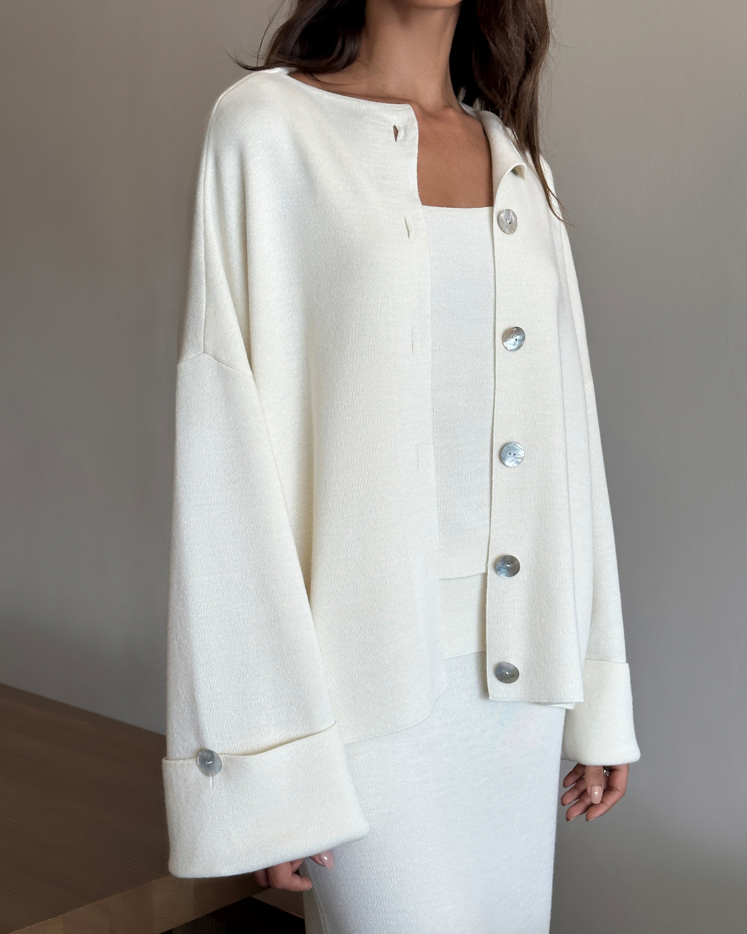 Three-piece knit cardigan, camisole and skirt set, product reference image 15