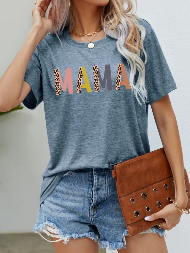 Women's Round Neck Short sleeved Printed T shirt For Mother's Day Gray Blue - Shop at LoveMi