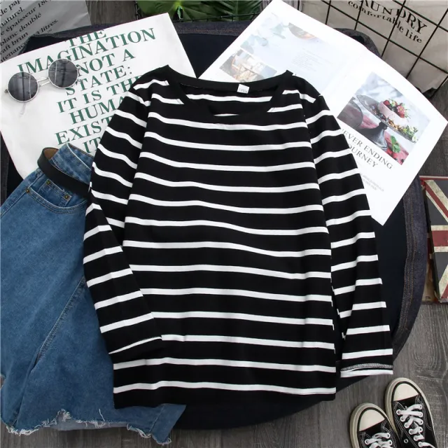Black Striped Western Style Shirt Women's Long sleeved T shirt Black - Shop at LoveMi