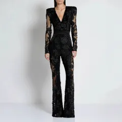 Elegant V-neck One-piece Trousers Stitching Lace Rhinestone Long Sleeve Evening Dress - Black - View 1