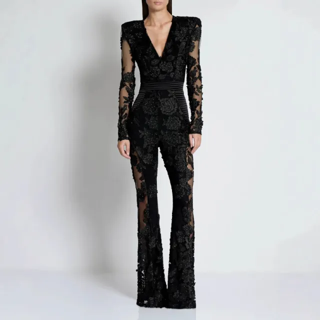 Elegant V neck One piece Trousers Stitching Lace Rhinestone Long Sleeve Evening Dress Black - Shop at LoveMi
