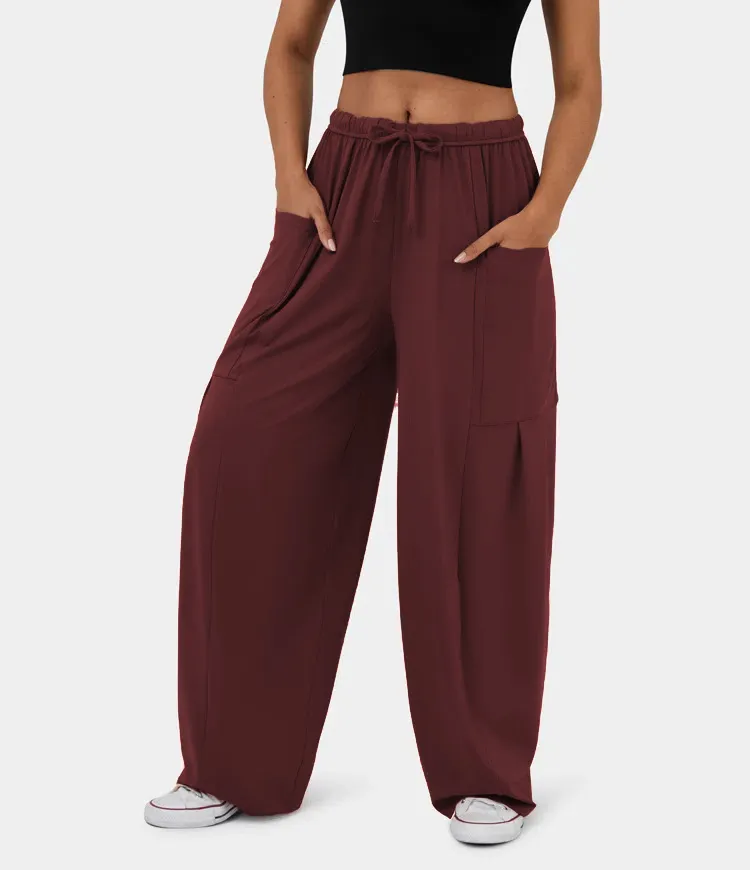 Fashionable And Stylish Elastic Waist Pleated Wide Leg Pants - Wine