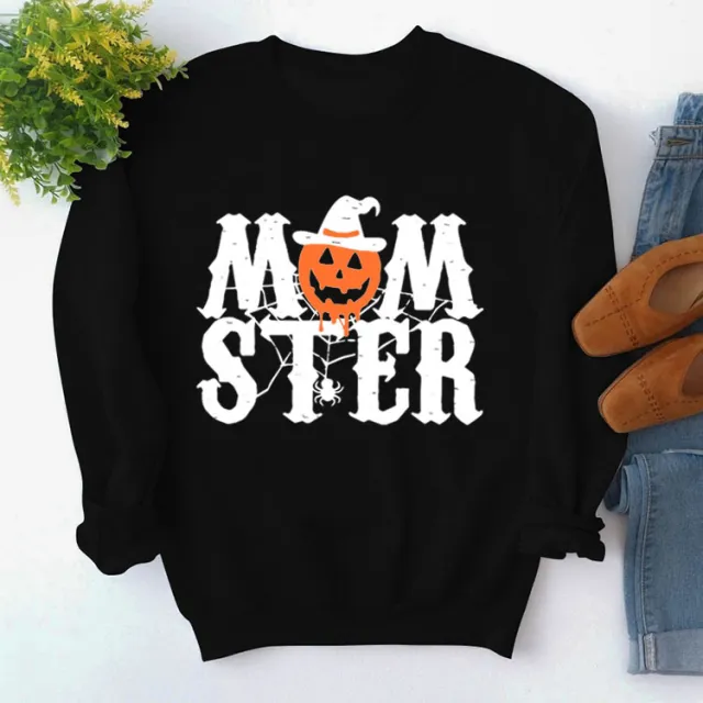 Printed MOM STER Pullover Round Neck Loose Long Sleeves Sweater Black White Color Picture - Shop at LoveMi