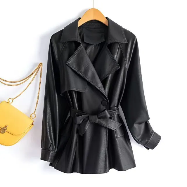 Women's Leather Clothing Large Size Loose Wind breaker Waist Figure Flattering Leather Jacket Black - Shop at LoveMi