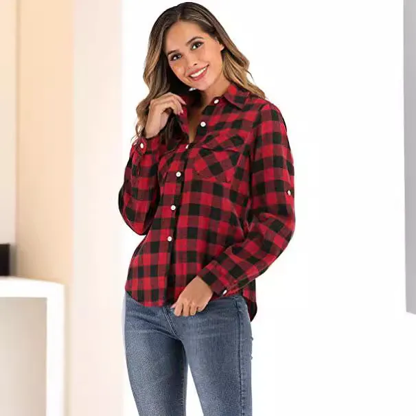 European And American Retro Plaid Women's Clothing All matching Lapel Long Sleeve Shirt Coat Black And Red - Shop at LoveMi