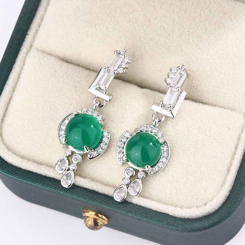 Chalcedony Glass Type Bright Green Egg Surface Earrings