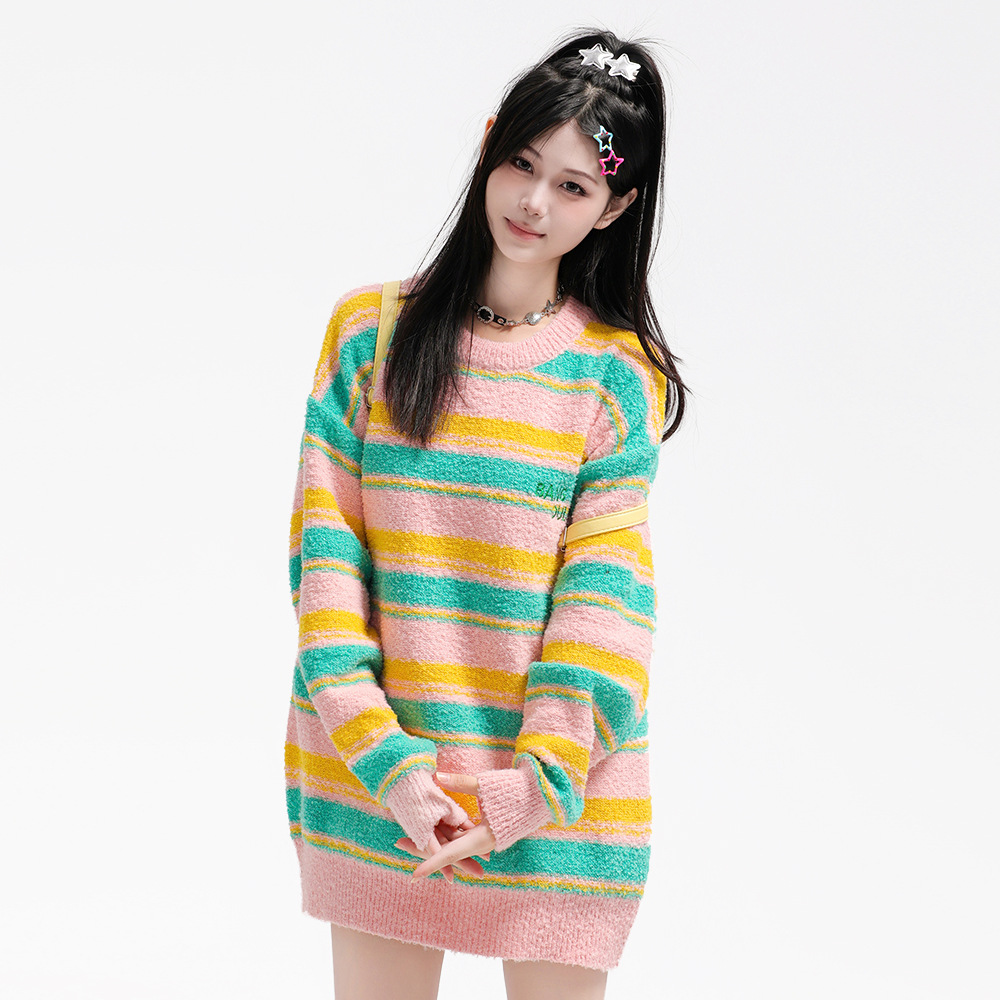 Contrast Color Striped Round Neck Sweater Loose Women