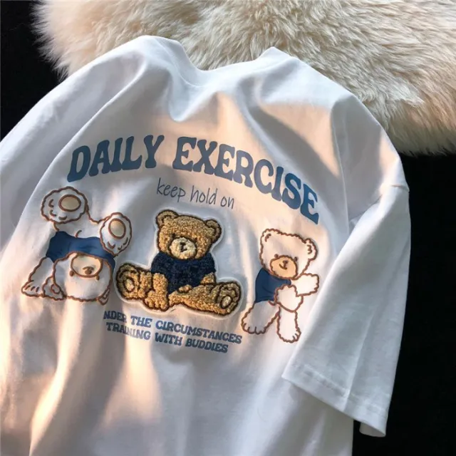 Pure Cotton Bag Collar Flocked Printed Towel Embroidery Milk Series Cute Bear Design Short Sleeve White - Shop at LoveMi