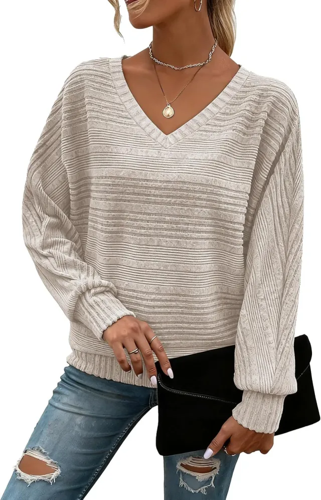 Women's Long Sleeve Casual V Neck Pullover Sweater Apricot - Shop at LoveMi