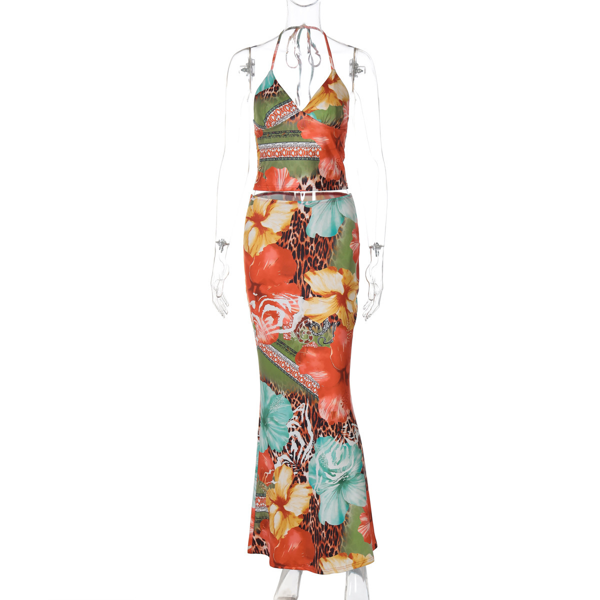 V-neck Halter Lace-up Camisole And High-waisted Midi Skirt Two-piece Set