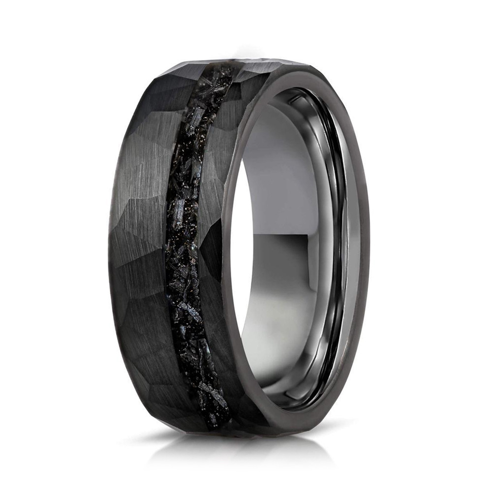 8mm Tungsten Steel Hammer Pattern Electric Black Ring Inlaid With Broken Meteorite Ring