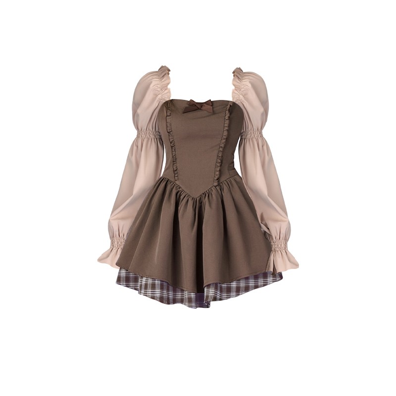 Brown Bubble Long Sleeve Waist Slimming Dress
