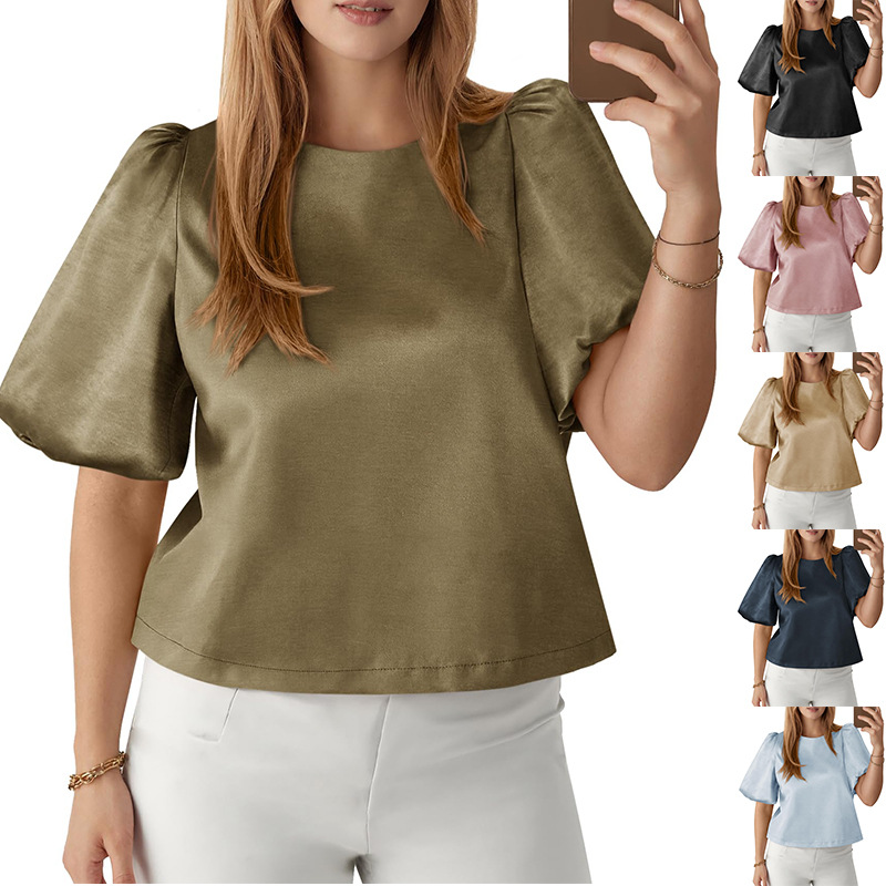 Womens Round-neck Satin Puffed-sleeve Pullover Doll Shirt Top